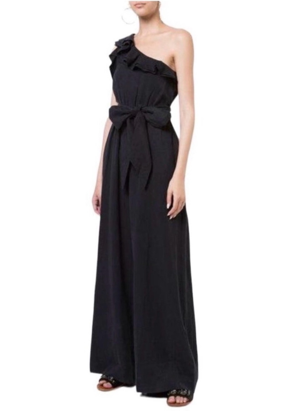 Ulla Johnson Demi Black One Shoulder Ruffle Wide Leg Jumpsuit Size 6